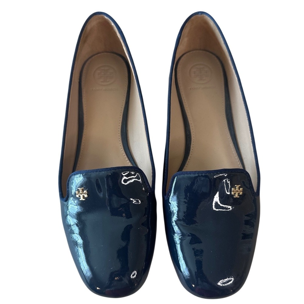 Tory Burch Samantha Patent Smoking Slippers Navy Gold Logo Flats 8.5